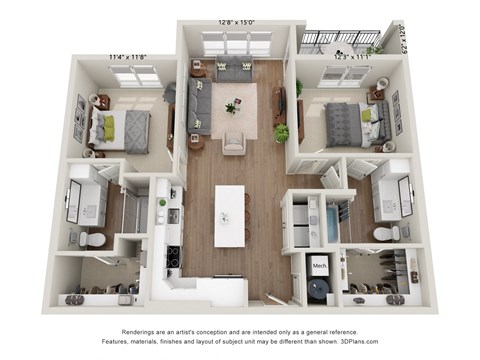 Floor plan for 2 beds, 2 baths, 1097 sqft